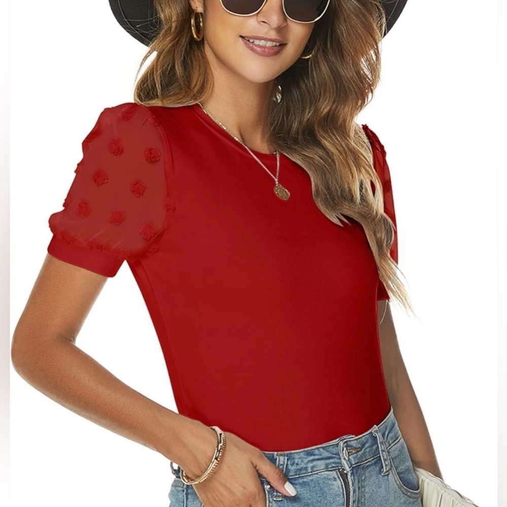 Red Sheer Puff Sleeve Blouse XXL Cottagecore Romantic Chic Top - Picture 4 of 9